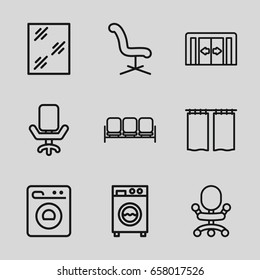 Interior icons set. set of 9 interior outline icons such as sliding doors, sofa, window, office chair, washing machine