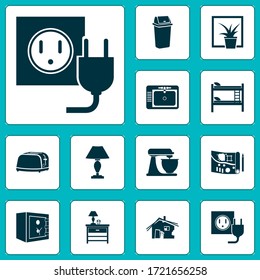 Interior icons set with bedside table, safe, window plant and other washstand elements. Isolated vector illustration interior icons.