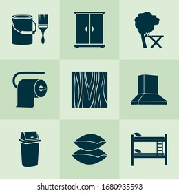 Interior icons set with bucket with brush, pillow, trash bin and other cushion elements. Isolated vector illustration interior icons.