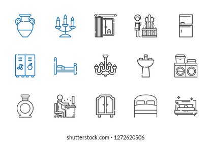 interior icons set. Collection of interior with bed, wardrobe, desk, vase, washing machine, sink, chandelier, locker, fridge, geyser, window. Editable and scalable interior icons.