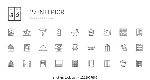 interior icons set. Collection of interior with closet, fridge, bookcase, door, entrance, veranda, table, chair, shelf, reception bell, desk. Editable and scalable interior icons.