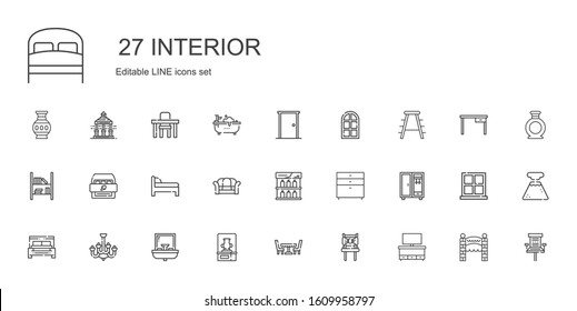 interior icons set. Collection of interior with cupboard, chair, table, vase, sink, chandelier, bed, closet, chest of drawers, shelf, sofa. Editable and scalable interior icons.