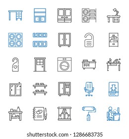 interior icons set. Collection of interior with desk, paint roller, window, guests book, shelf, vase, chair, closet, bookshelf, bathtub. Editable and scalable interior icons.