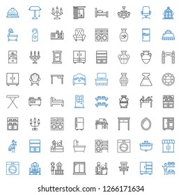 interior icons set. Collection of interior with dressing room, closet, office chair, desk, window, geyser, chair and table, washing machine. Editable and scalable interior icons.