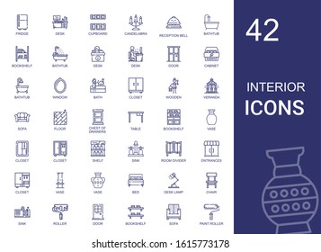 interior icons set. Collection of interior with fridge, desk, cupboard, candelabra, reception bell, bathtub, bookshelf, door, cabinet, window. Editable and scalable interior icons.