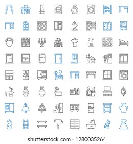 interior icons set. Collection of interior with geyser, wooden, bathtub, chest of drawers, paint roller, bookshelf, chair, doorknob, vase. Editable and scalable interior icons.
