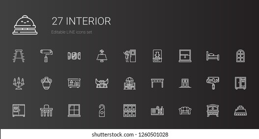 interior icons set. Collection of interior with sofa, sink, lockers, doorknob, window, table, fridge, locker, chair and table, furniture. Editable and scalable interior icons.