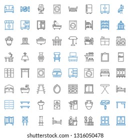 interior icons set. Collection of interior with window, geyser, desk, bed, vase, chair, room divider, table, roller, door, cabinet, sink. Editable and scalable interior icons.