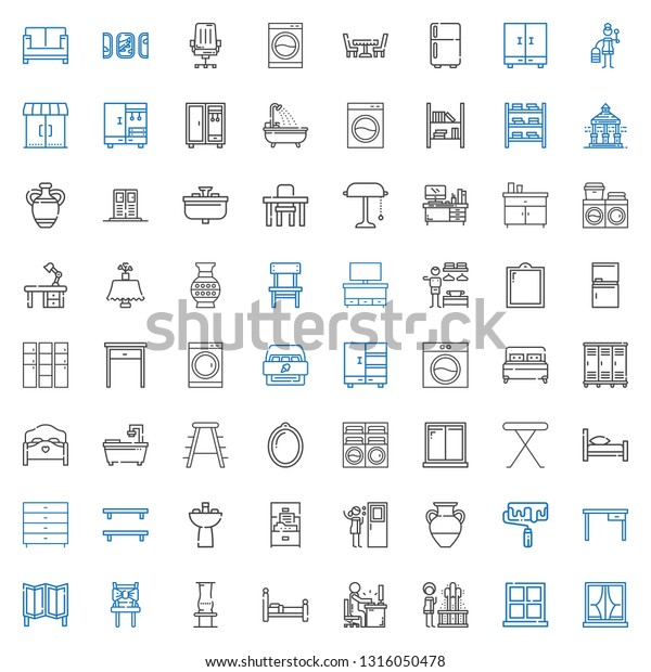 interior icons set.\
Collection of interior with window, geyser, desk, bed, vase, chair,\
room divider, table, roller, door, cabinet, sink. Editable and\
scalable interior\
icons.