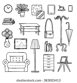 interior icons set, hand drawn, doodle sketch style, vector illustration.