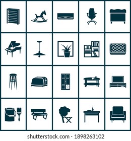 Interior icons set with louvers, ottoman, coffee table and other bar chair elements. Isolated vector illustration interior icons.