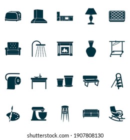 Interior icons set with shower, armchair, exhaust hood and other tissue roll elements. Isolated vector illustration interior icons.