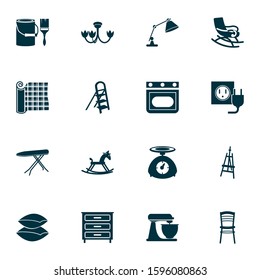 Interior icons set with stepladder, rocking horse, kitchen scales and other cushion elements. Isolated vector illustration interior icons.