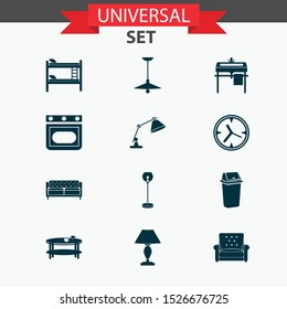 Interior icons set with wall clock, coffee table, double decker bed and other stove
elements. Isolated vector illustration interior icons.