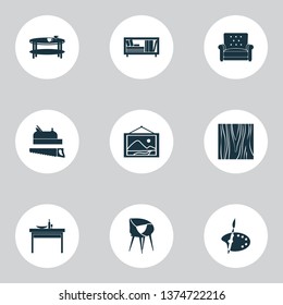 Interior icons set with wall picture, dining table, coffee table and other bookcase elements. Isolated vector illustration interior icons.