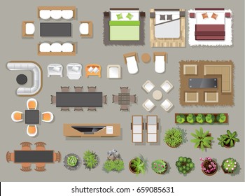  Interior icons top view, tree ,furniture, bed,sofa, armchair, for architectural or landscape design, for map.vector illustration