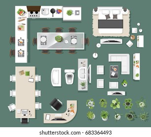  Interior icons top view, tree ,furniture, bed,sofa, armchair, for architectural or landscape design, for map.vector illustration