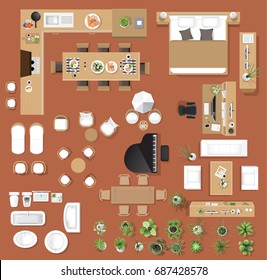 Ícones interiores vista superior, árvore, móveis, cama, sofá, poltrona, para design arquitetônico ou paisagístico, para mapa.ilustração vetorial