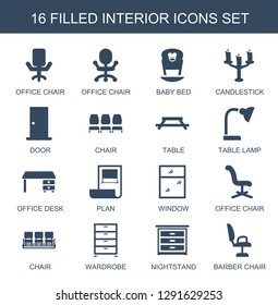 interior icons. Trendy 16 interior icons. Contain icons such as office chair, baby bed, candlestick, door, chair, table, table lamp, office desk. interior icon for web and mobile.