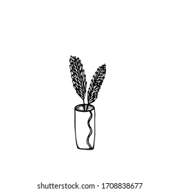 Interior illustartion with decorative branches in the vase. Home floral illustration for T-Shirt, bag print. Hand drawn vector illustration isolated on the white background. 