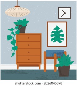 Interior illustration with chest of drawers and plants
