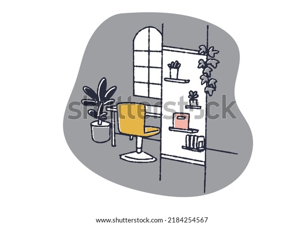 Interior illustration drawn with\
warm lines in a room with a work room divided by\
partitions