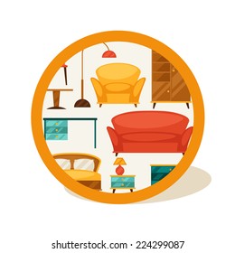 Interior illustration with furniture in retro style.