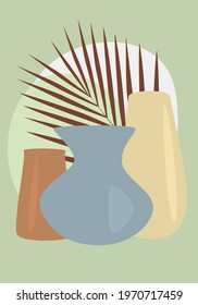 Interior illustration in green. A poster with three vases against a background of a palm leaf and colored spots. Flat abstract illustration in modern style.