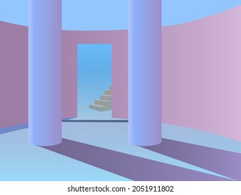 interior with the image of arches, columns, steps in soft pink-blue shades for decorating room backgrounds, greeting cards, banners and other illustrations