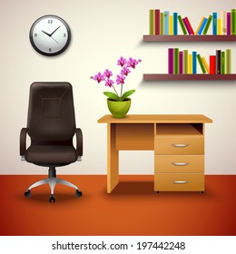 Interior indoor cabinet design with desk office chair and bookshelf vector illustration.