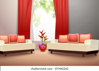 Diseño interior de salón interior con vestuario de sofá y cortinas de ventana ilustración vectorial