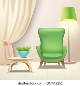 Interior indoor living room design with armchair and coffee table vector illustration