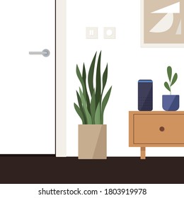 Ilustración vectorial de plantas interiores interiores. Ilustración de diseño plano de interiores escandinavos modernos con altavoz inteligente asistente virtual, soporte retro, planta de serpientes, planta zz. Concepto de estilo de vida.