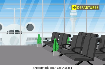 Interior inside the airport terminal with long chair in waiting departure area and view of airplane parking outside termianl