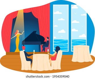 Interior dentro del crucero, restaurante de lujo, día de viaje de vacaciones, vacaciones de verano divertidas, ilustración vectorial estilo caricatura