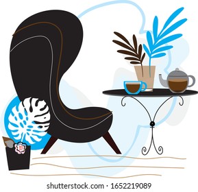 Interior for inspiration and creativity. Vector drawing with a monstera and a cup of coffee or tee. Relax, loneliness, enjoying the moment.Design,mood,relax ideas
