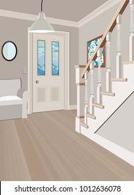 Interior of an internal corridor with a staircase. Design of an old corridor. Hallway illustration.