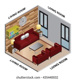 Interior Isometric of Living room with red sofa set
