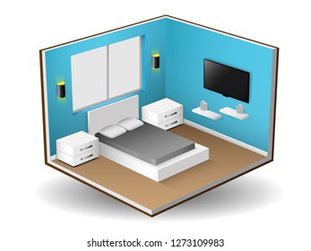 Interior isometric of modern bedroom interior design, Vector Illustration