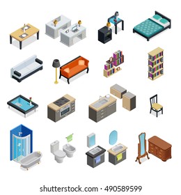Interior isometric objects set with table chair and lamp isolated vector illustration 