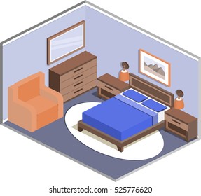 Interior in isometric style. Design of cozy bedroom or hotel room with furniture. Vector 3D illustration.