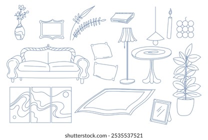 Interior item vector line set bundle, pillow, lamp, cottage, style, fashion, magazine, picture frame, modern, modernism, minimal, minimalism, simple, vase, ceramic, pottery, home studio makeover