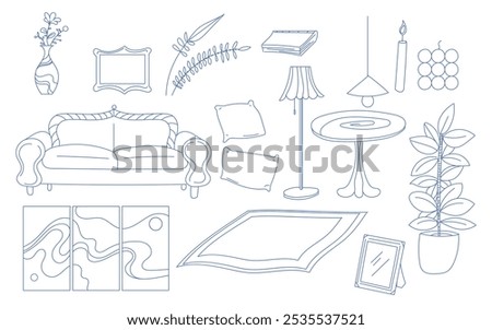 Interior item vector line set bundle, pillow, lamp, cottage, style, fashion, magazine, picture frame, modern, modernism, minimal, minimalism, simple, vase, ceramic, pottery, home studio makeover