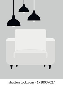 interior item vector. soft armchair on a gray background with hanging black lamps. piece of upholstered furniture. flat illustration of armchair with armrests