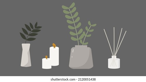 interior items icons set. pots with plants, vases, candles, interior perfumes