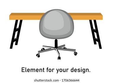Interior items isolated on a white background. Wooden table on a metal base, Modern wheelchair. Vector illustration.