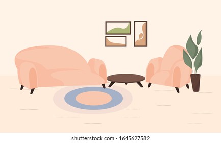 Interior items. Sofa, armchair, coffee table, flower in a pot, paintings on the wall, carpet on the floor. Cartoon Style Vector