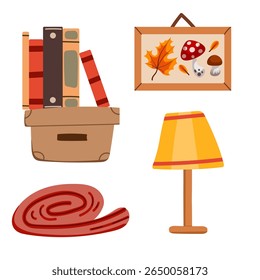 Interior items vector illustration set. Cartoon flat furniture with armchair, lamp, nightstand, house plants. Designer fashionable things for home interior apartment isolated on white