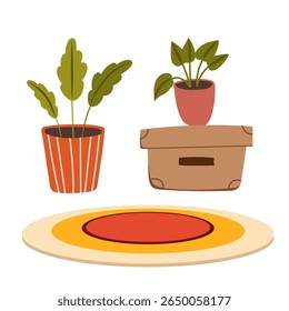 Interior items vector illustration set. Cartoon flat furniture with armchair, lamp, nightstand, house plants. Designer fashionable things for home interior apartment isolated on white