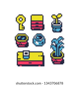 Interior items vintage 80s pixel art 8-bit icon set, cupboard, table, key, cup and flower in pot , design for logo app, web, sticker. Isolated vector illustration.  